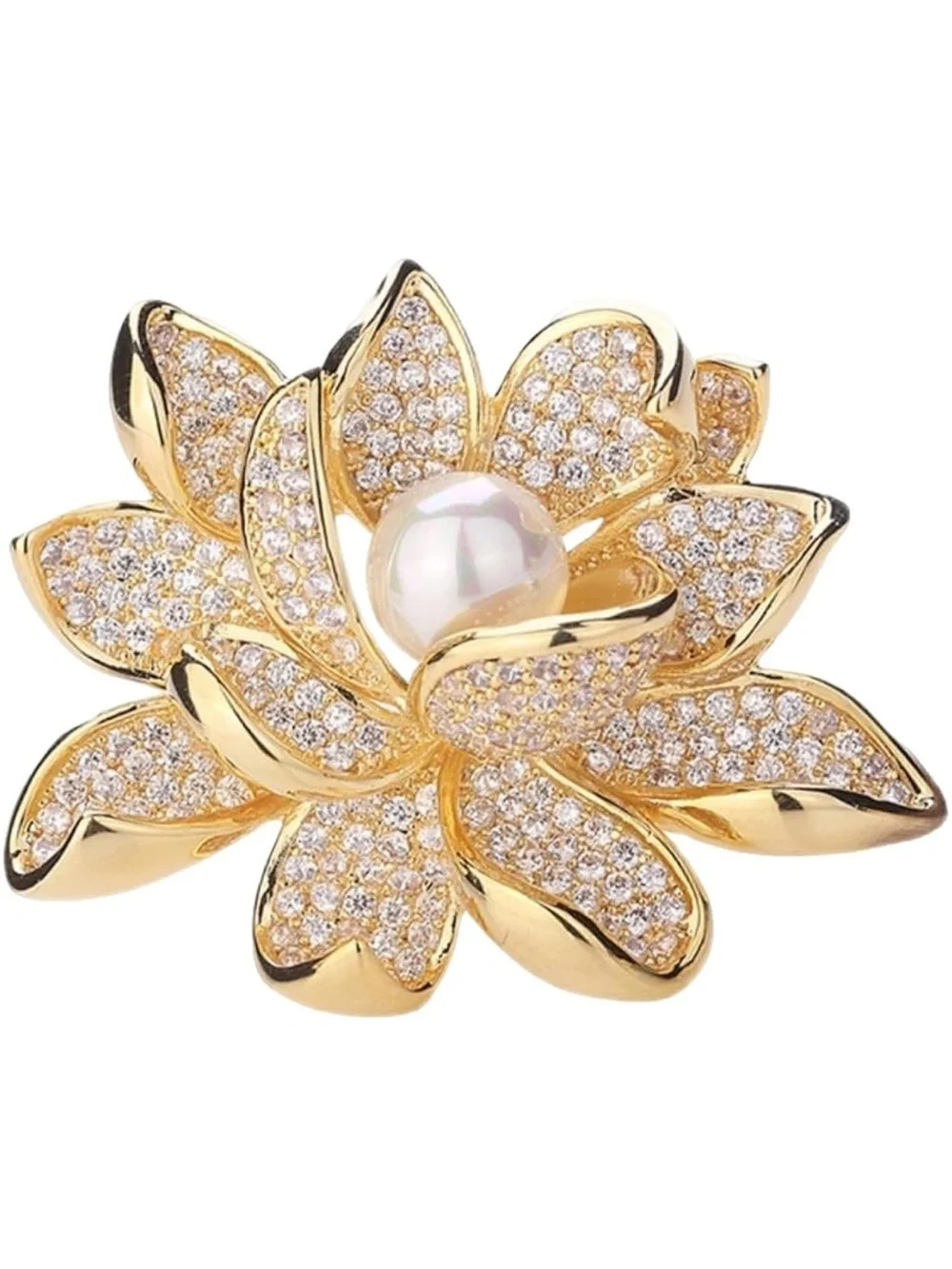 Anthropologie Gold Pearl & Crystal Lotus Brooch